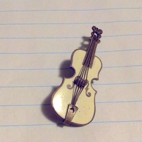 Fiddle or violin estate brooch Antique jewelry enamel instrument c clasp pin - Picture 8 of 13